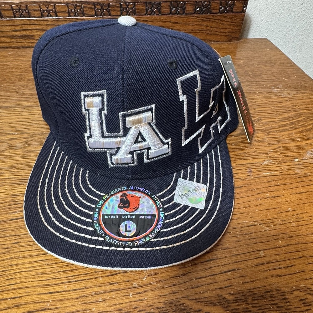 Pit Bull LA Los Angeles Flat Fitted Hat Size Large Navy Silver New With Tags